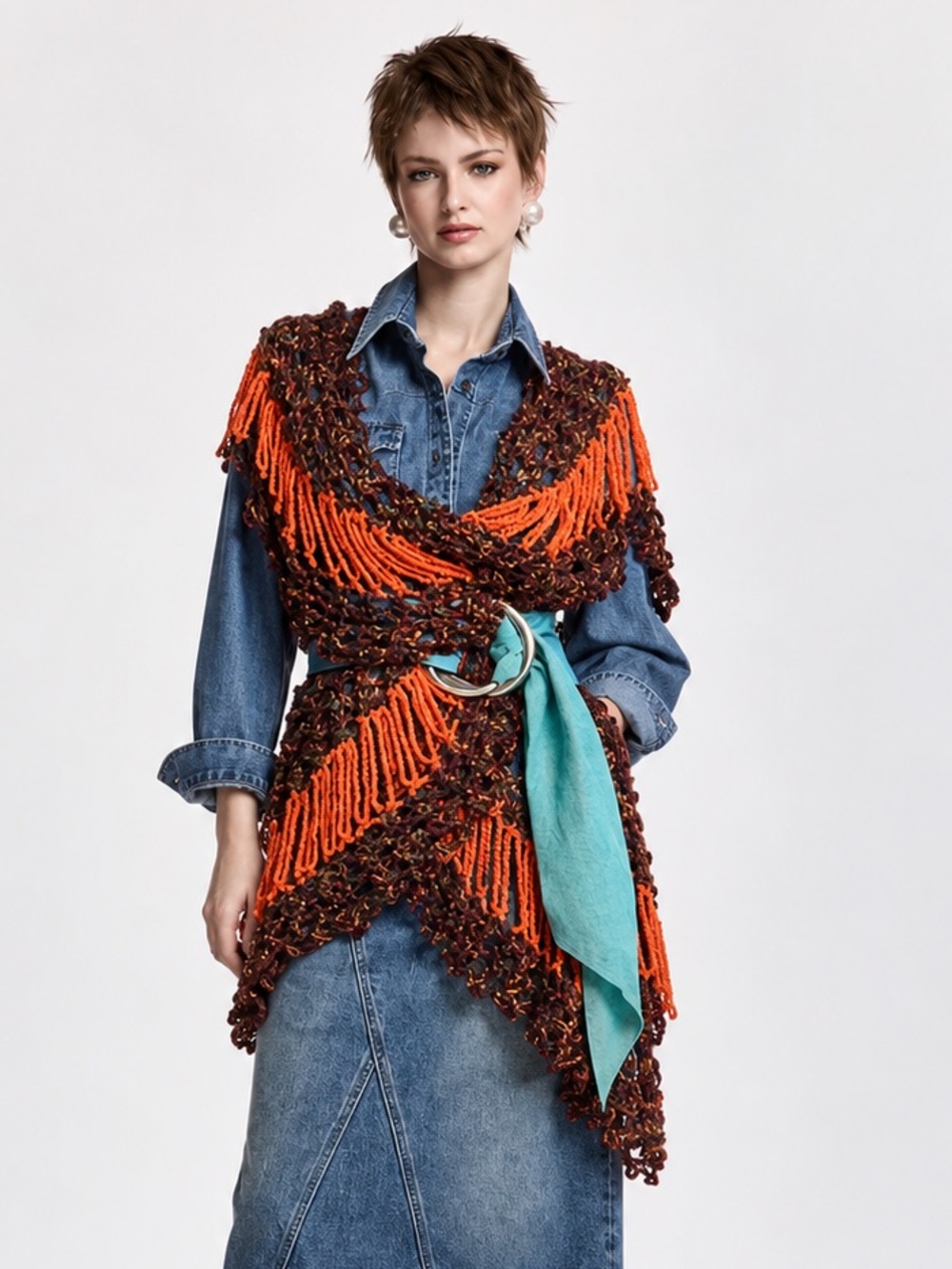 Vintage Boho Hand Crocheted Shawl Wrap Autumn Colours Groovy 70s